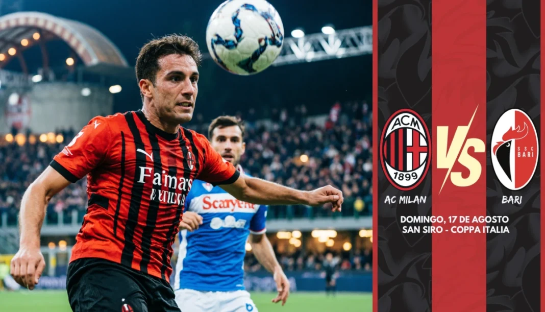 AC Milan vs SSC Bari Coppa Italia match at San Siro with AC Milan player chasing the ball in red and black jersey