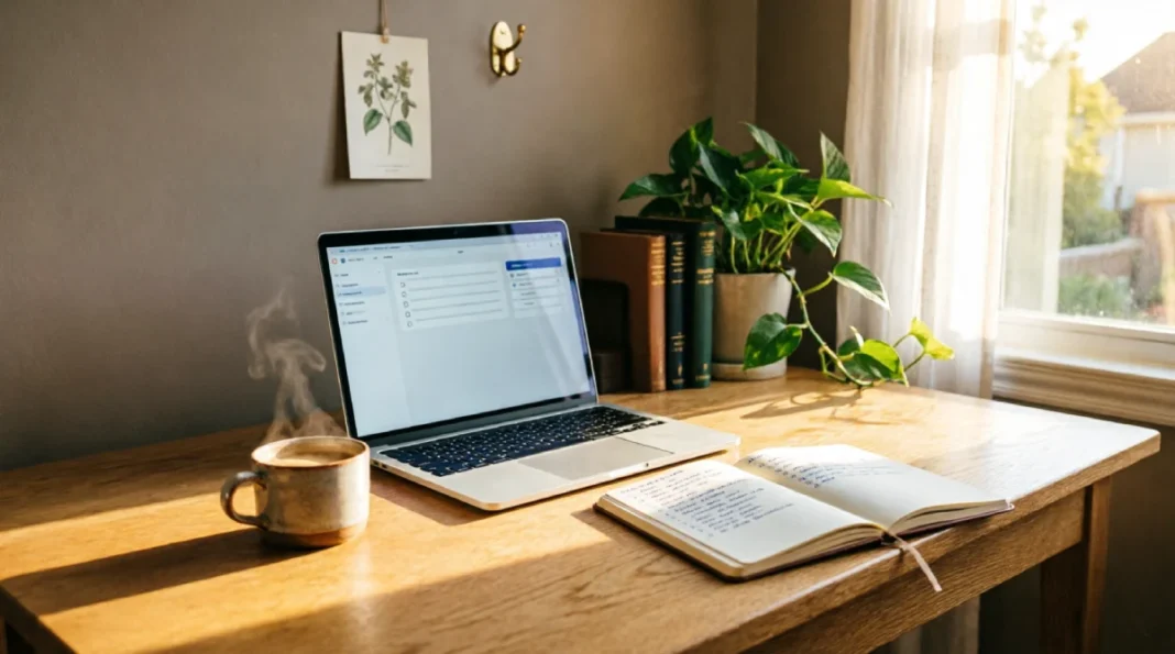 Home workspace with a laptop, steaming coffee, and open planner, illustrating a sustainable routine for managing a day job and a side business.