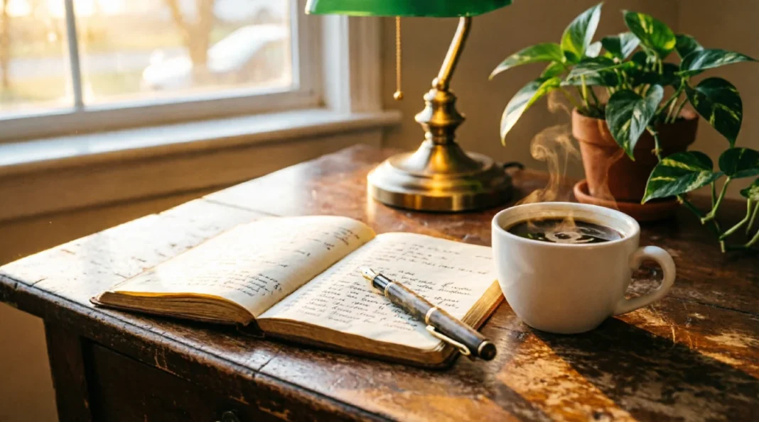 A warm, sunlit desk with an open journal and a cup of coffee, representing the focus and consistency needed to commit to a single business idea.