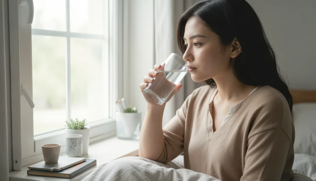 Girl drinking a glass of water in the morning sunlight to rehydrate after waking up and support natural alertness