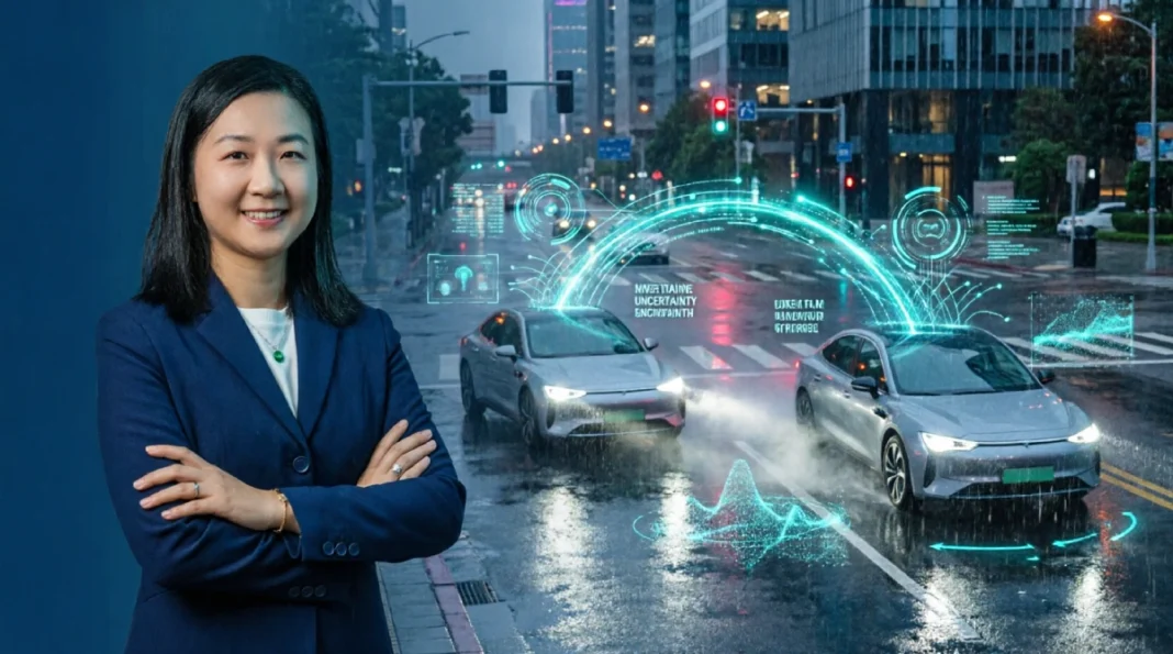 Fei Miao with autonomous vehicles navigating rainy intersection, AI safety research, multi-agent reinforcement learning, uncertainty quantification