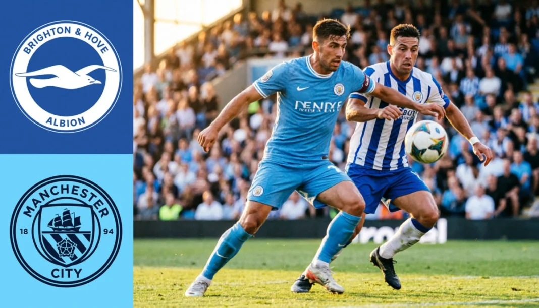 Brighton vs Manchester City players competing for the ball on the pitch with both club badges shown on the left