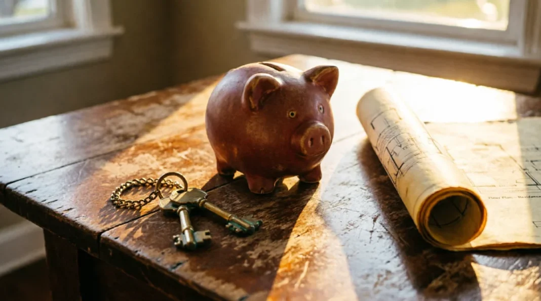 A still life of a vintage piggy bank and house keys on a sunlit table, illustrating the savings required when figuring out how much deposit do you really need to buy a house.