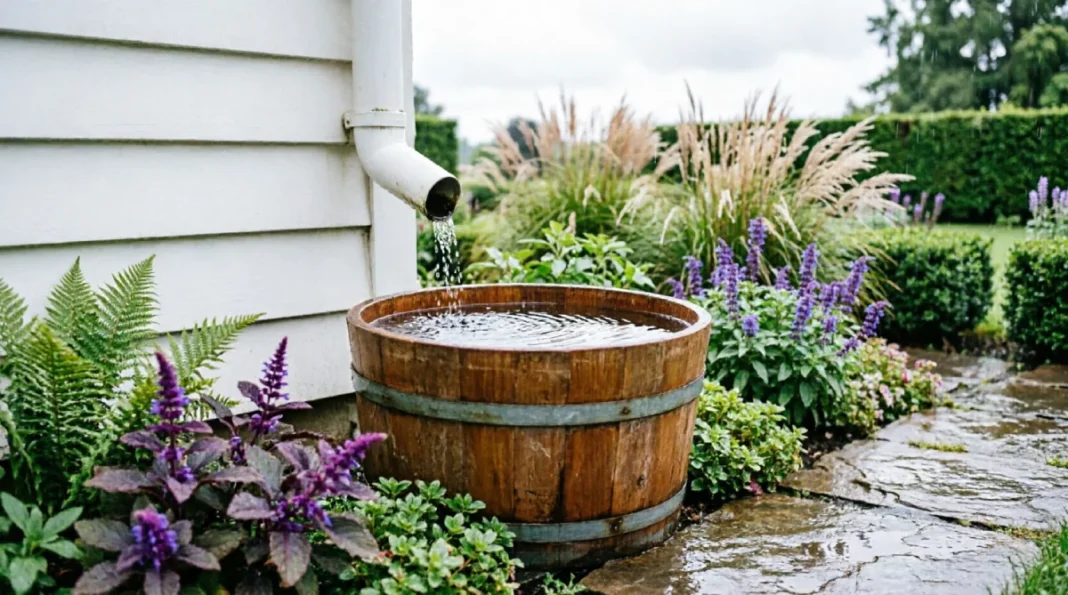 Wooden rain barrel collecting water from a house downspout in a green garden, illustrating legal rainwater harvesting practices in the US.
