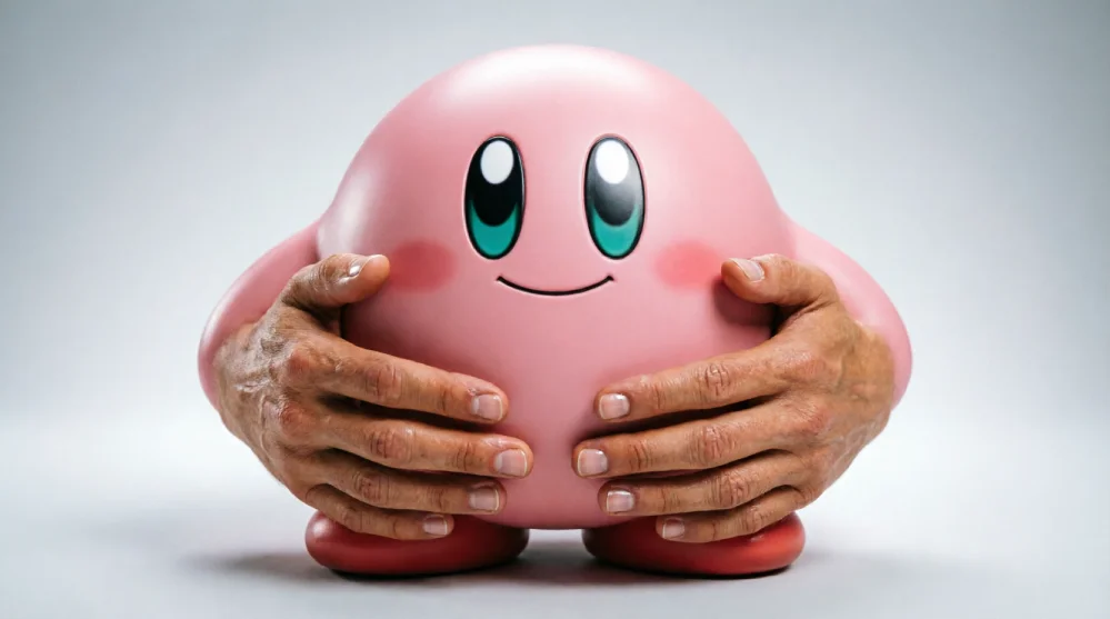 Kirby Dedo fan art edit – a crudely drawn Kirby with exaggerated human fingers and a shocked expression