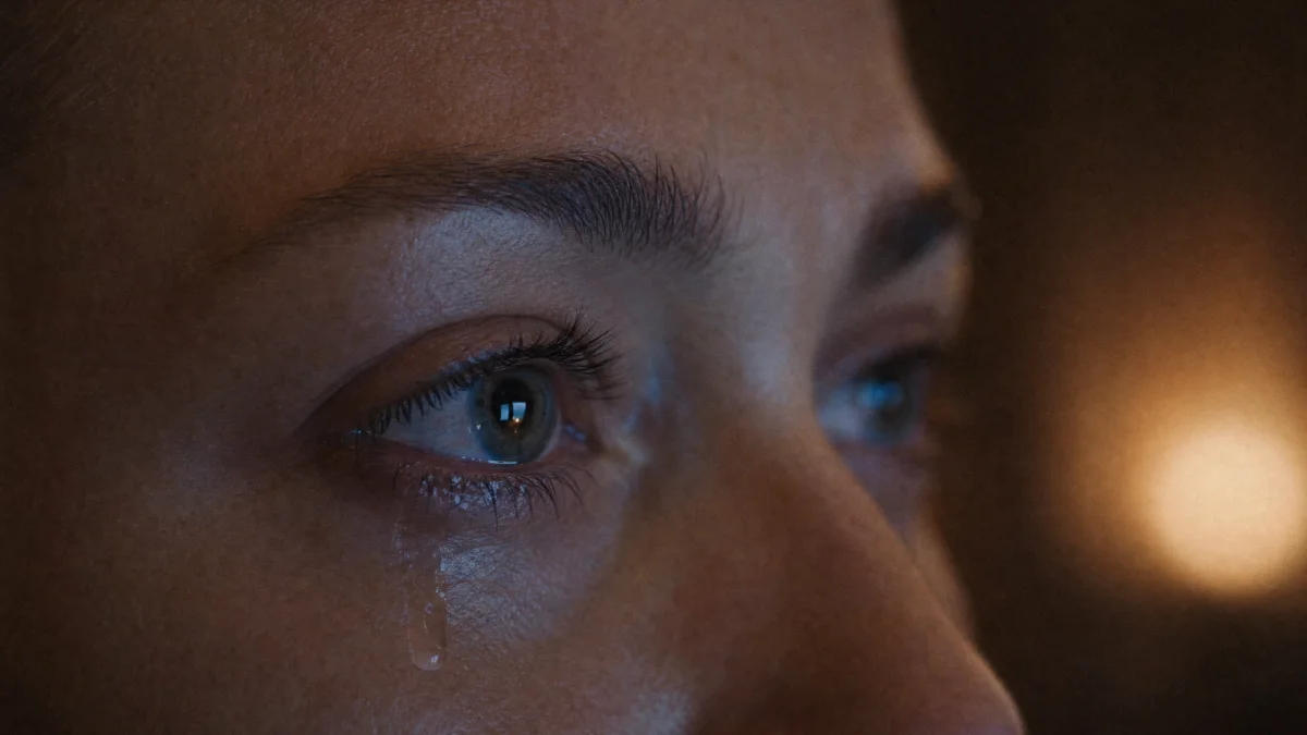 Extreme close-up of an actor’s face with a tear, demonstrating how films trigger mirror neurons and make us cry