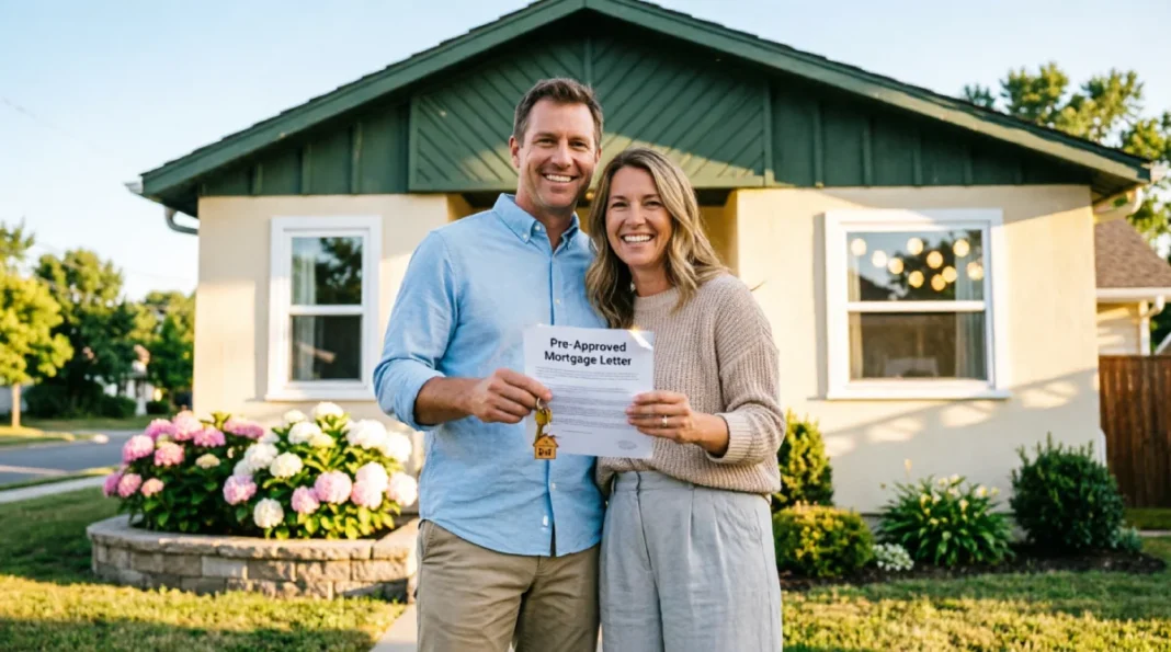 A happy couple holding house keys and a mortgage pre-approval letter in front of a sunlit home, the mortgage pre-approval process.