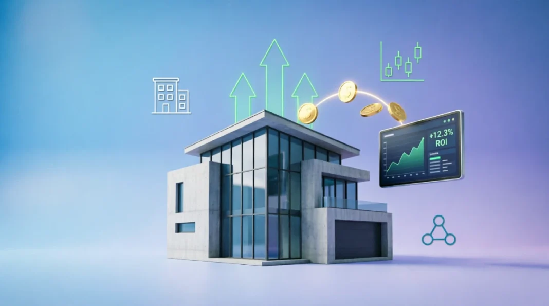 Passive income real estate strategies, featuring a house silhouette with dollar signs, bar charts, and icons for REITs, crowdfunding, long-term rentals, and short-term rentals.