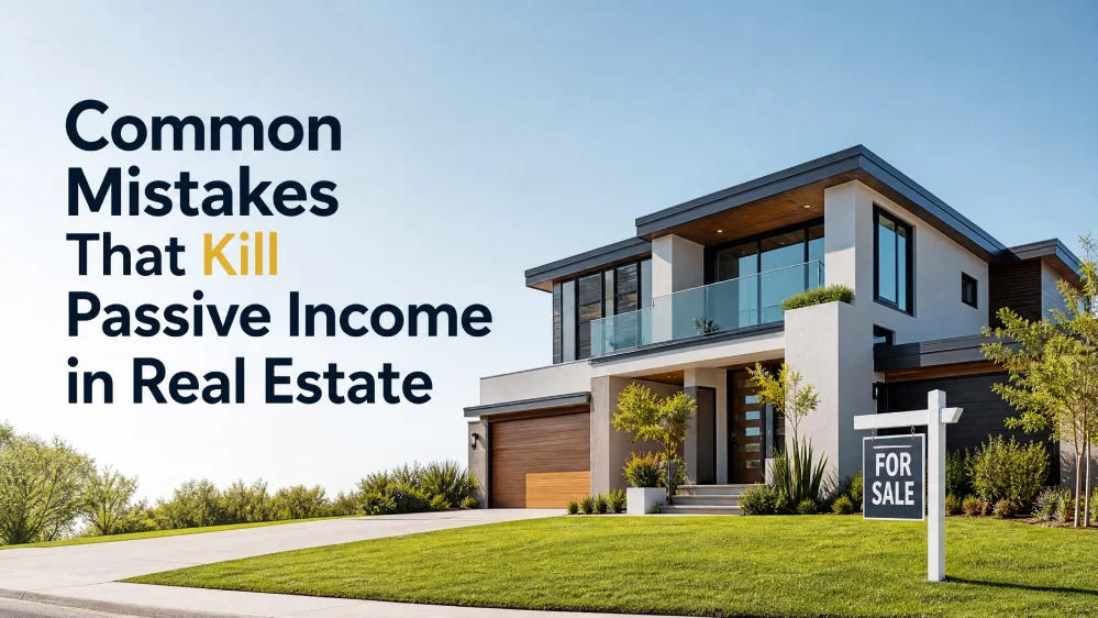 Image of a modern luxury residential house with a "For Sale" sign on a sunny day, featuring the bold heading "Common Mistakes That Kill Passive Income in Real Estate" on the left side.