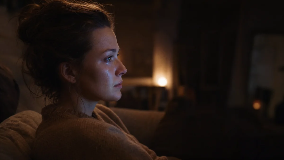 Person watching a film in a dim room, eyes tearing up, illustrating why we cry during movies in a safe emotional environment