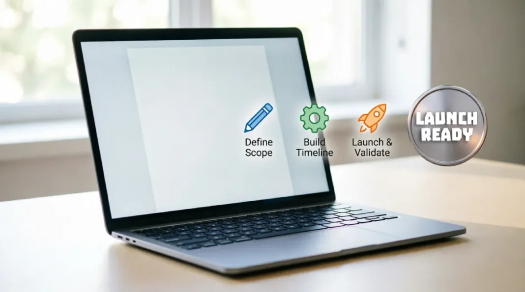 How to start an online business that actually works without any money, showing a laptop, coffee, and a notebook on a clean desk.