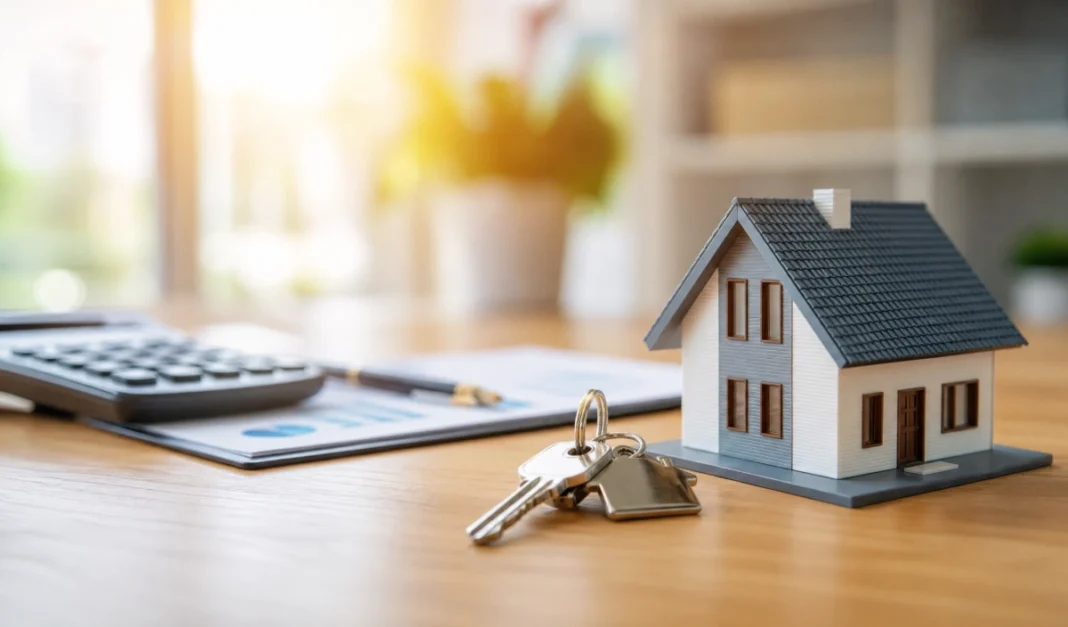 A miniature house model and house keys on a desk with loan documents, representing home loan approval.