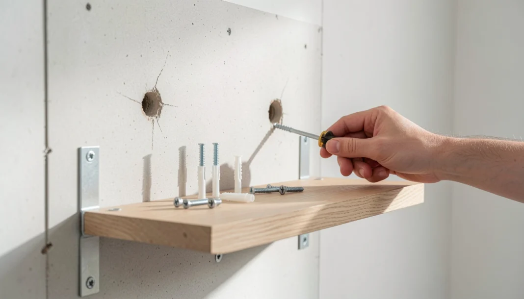 Photorealistic image of a person installing a wall shelf with the correct anchor type in drywall, showing screws, toggle bolts, and plastic anchors on a clean, modern home wall.