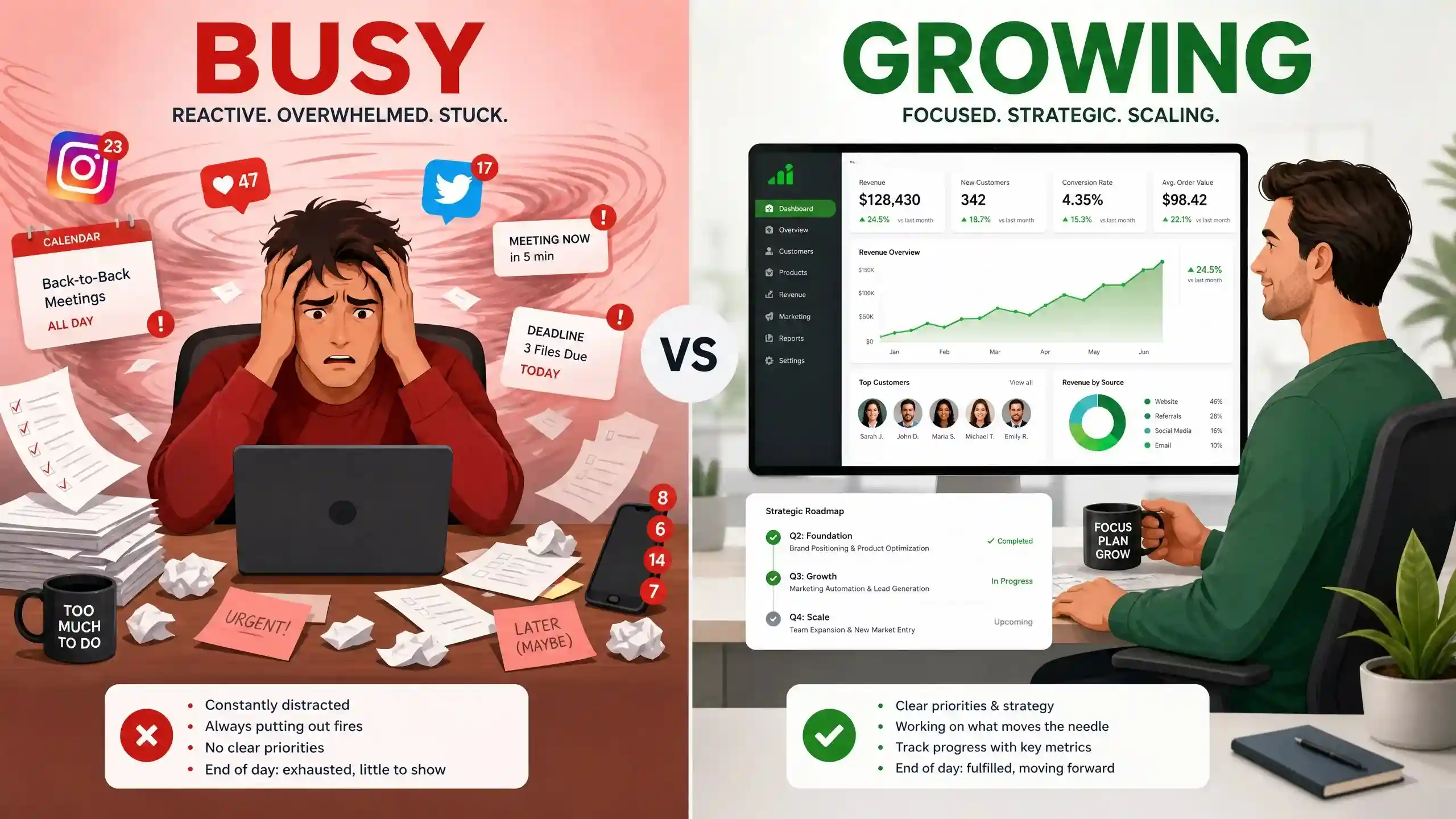 Comparison image showing busy entrepreneurs overwhelmed with tasks versus growing entrepreneurs focused on metrics and strategy
