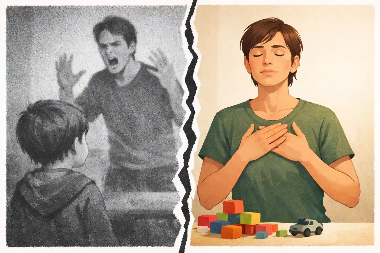 Split illustration showing a childhood memory of emotional stress on the left and a calm adult parenting response on the right