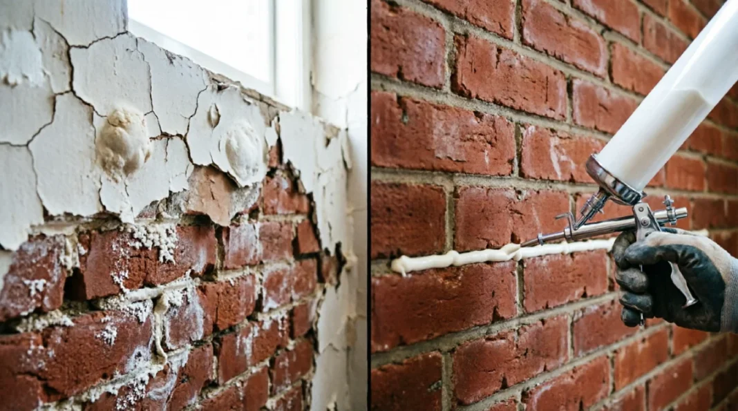 Before and after comparison of DIY rising damp treatment showing damaged plaster with salt deposits and professional DPC cream injection into brick wall mortar course for damp proofing