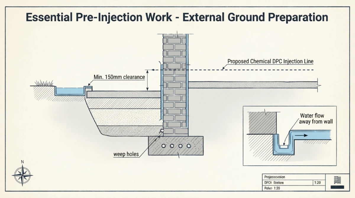 Cross-section diagram showing a house wall with the DPC injection line at 150 mm above external ground level, a lowered soil path, and a linear drainage channel.