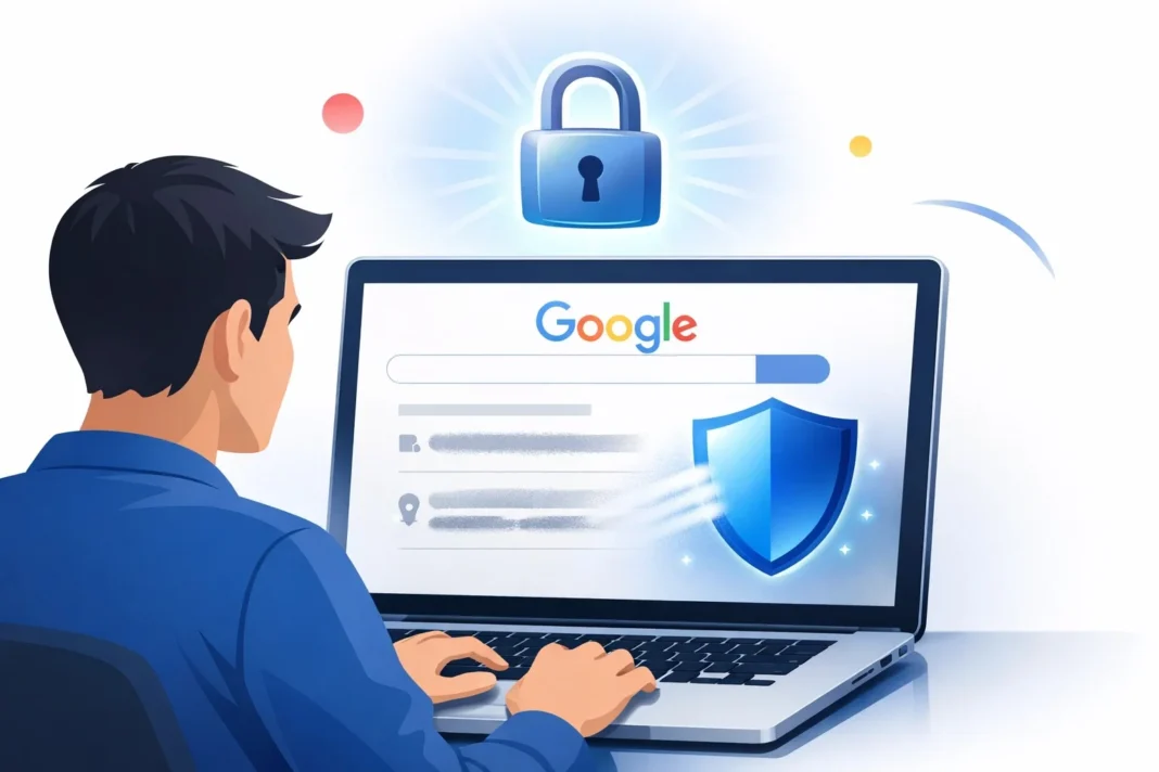 Person requesting Google personal info removal using Results About You tool on laptop