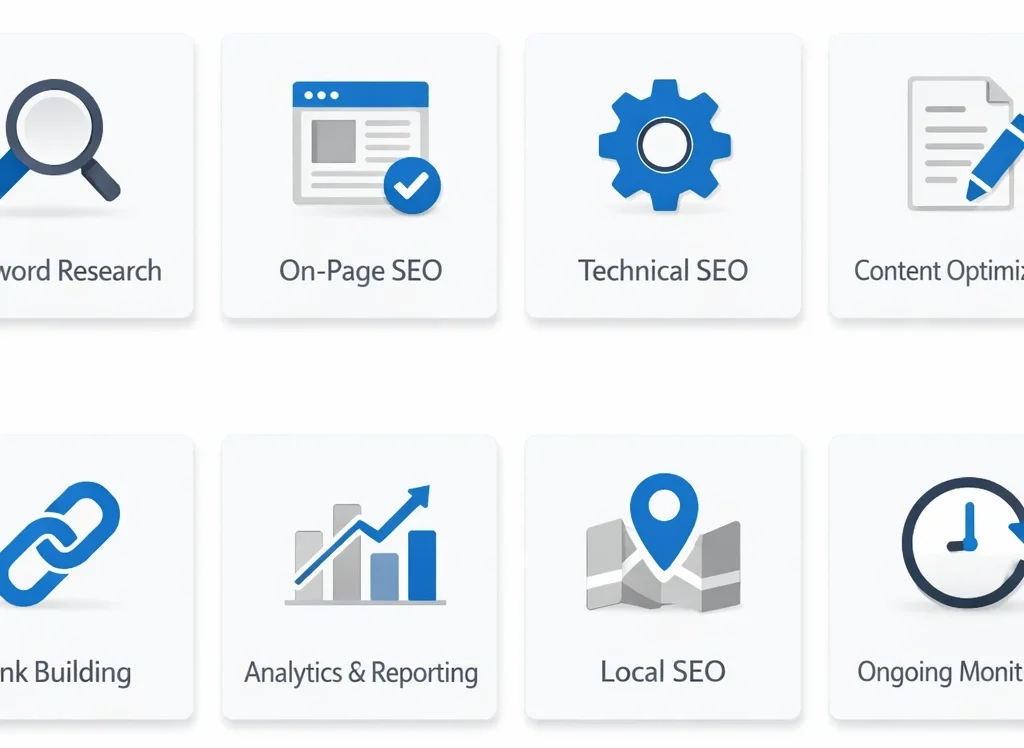 Eight SEO feature icons including keyword research, technical SEO, link building, local SEO, and analytics reporting