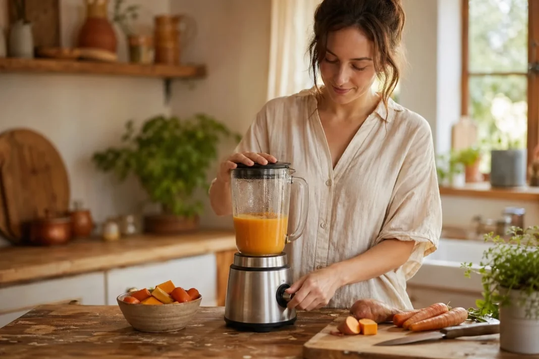 Parent making homemade baby food with a simple blender in a warm kitchen