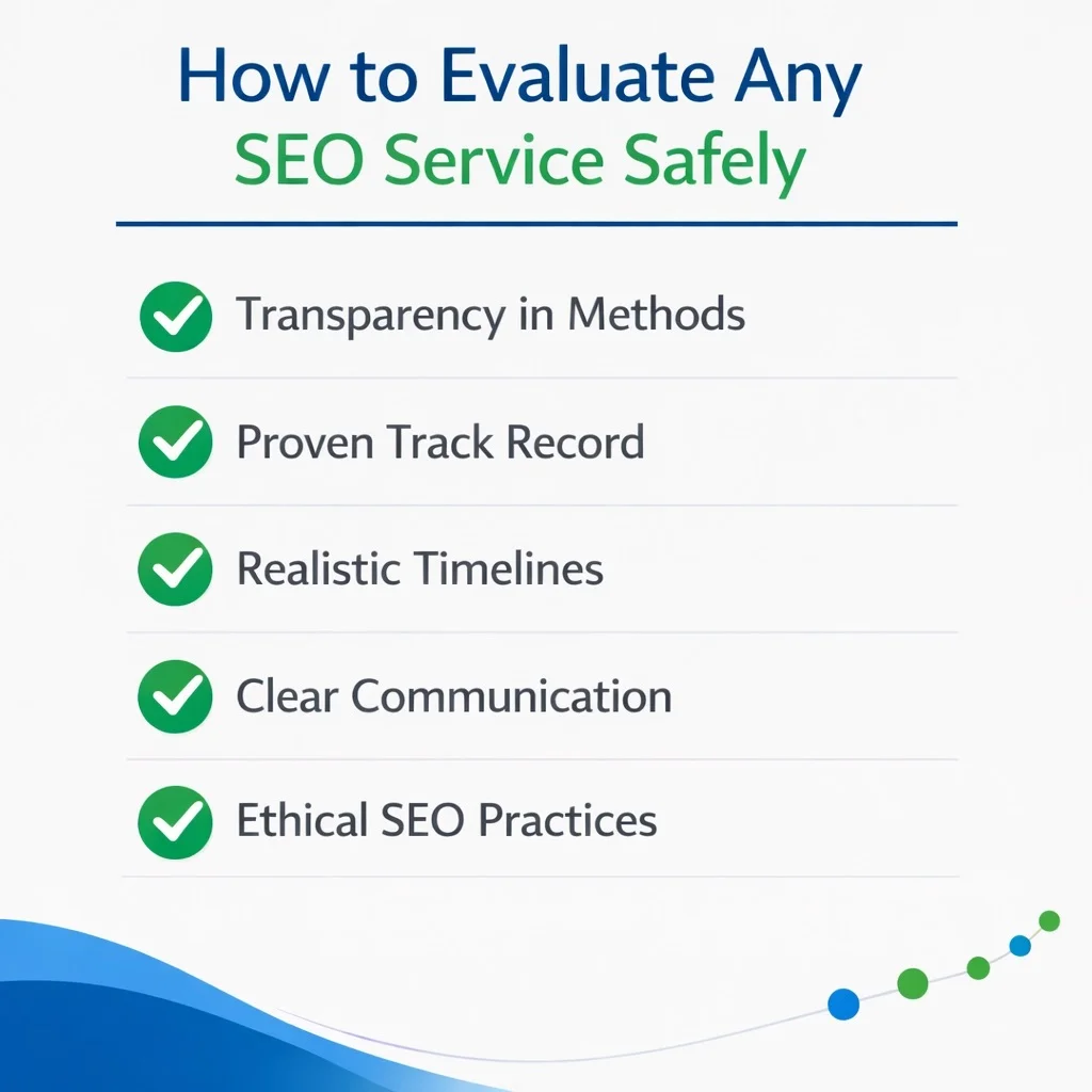 Five-point checklist for safely evaluating an SEO service including verifying tactics, avoiding ranking guarantees, and requesting a scope of work