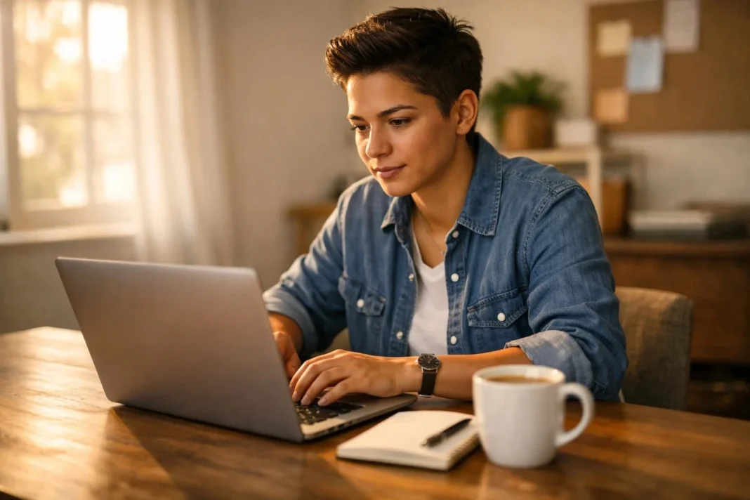 A young entrepreneur working on a laptop at a home desk, representing how to start a small business with no money