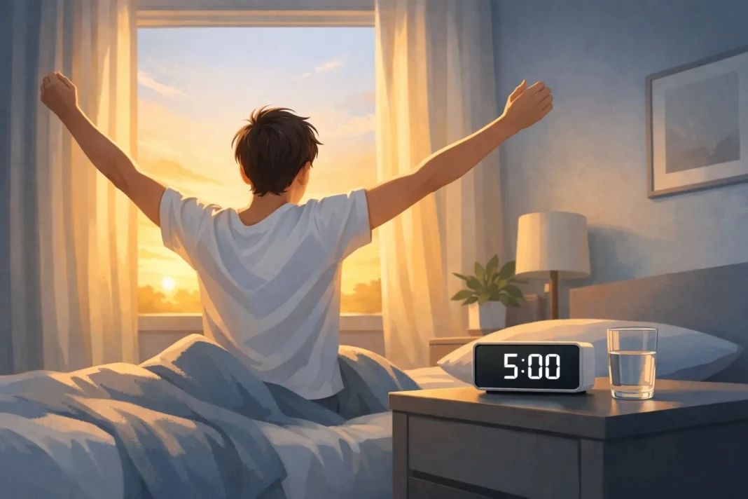 Person waking up at 5am without feeling tired stretching beside sunny bedroom window