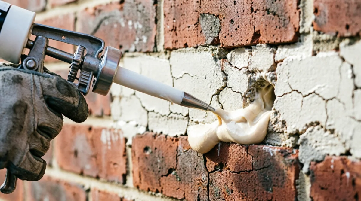 A gloved hand using a heavy-duty skeleton gun to inject DPC cream into a 12 mm drilled hole, with cream visibly filling the entrance, demonstrating correct DIY application.