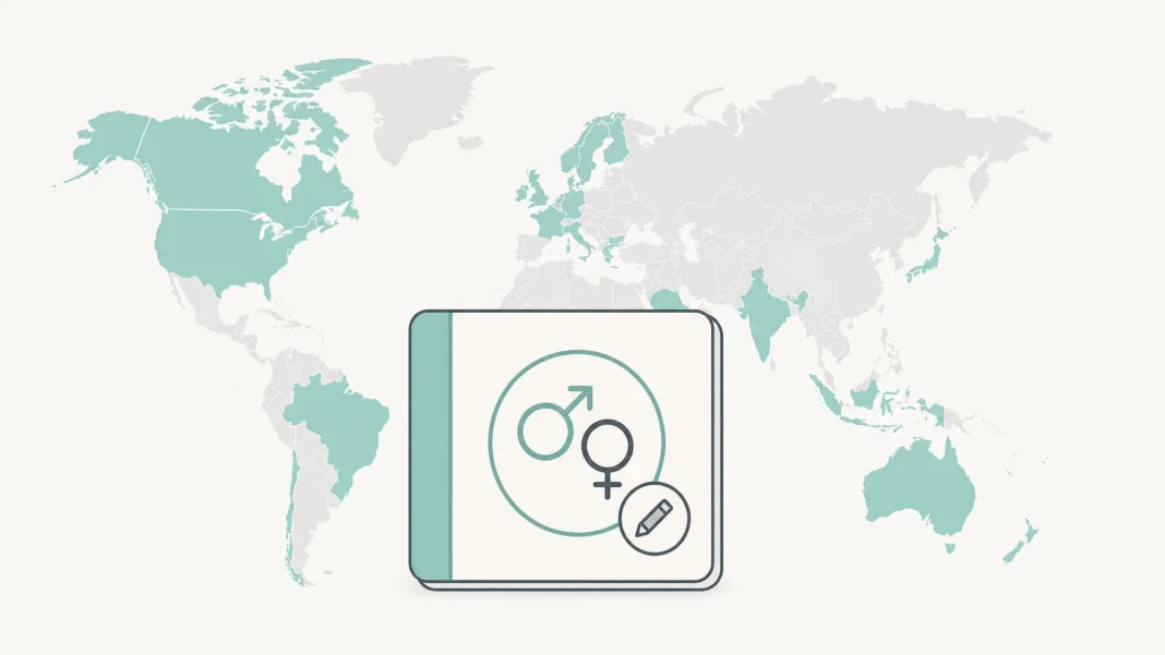 World map showing countries that allow legal gender change without surgery, with an identity document icon in the foreground