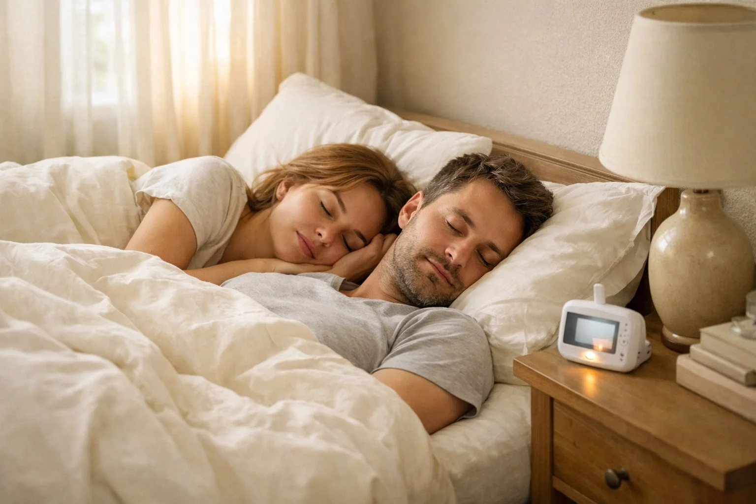 Two new parents sleeping peacefully in bed with a baby monitor on the nightstand and soft morning light through the curtains