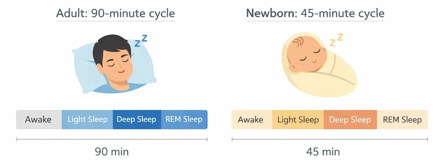 Minimalist illustration comparing a newborn's 45-minute sleep cycle with an adult's 90-minute sleep cycle side by side