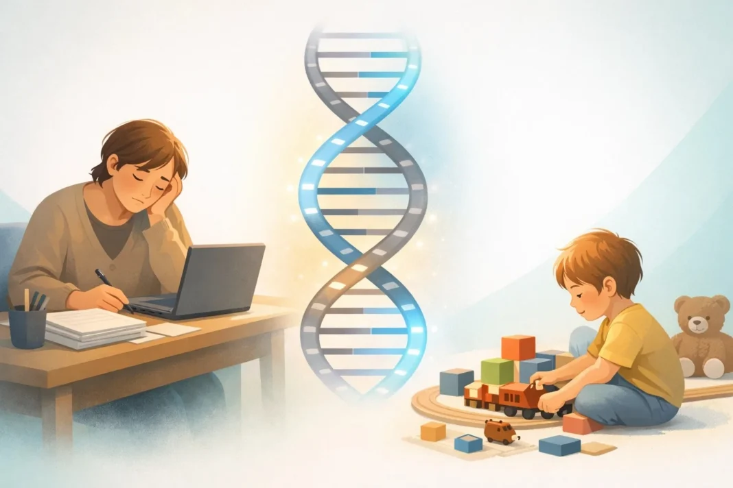 Illustration showing parental stress effects on child DNA through epigenetics and gene expression