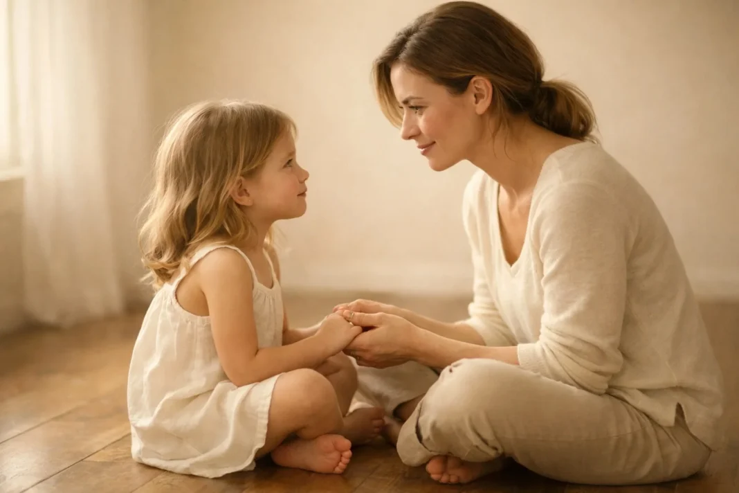 A mother sitting on the floor holding her young daughter's hands and making eye contact in warm natural light