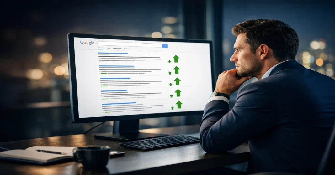 Businessman reviewing SEO rankings on monitor — highsoftware99.com review 2026