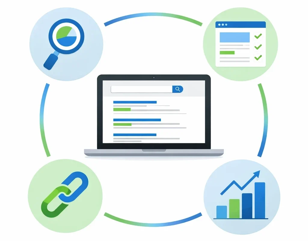SEO services overview showing keyword research, on-page SEO, link building, and analytics icons