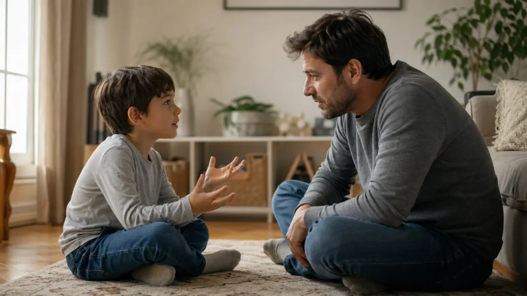 A parent sitting on the floor listening to a young child, showing what positive parenting looks like
