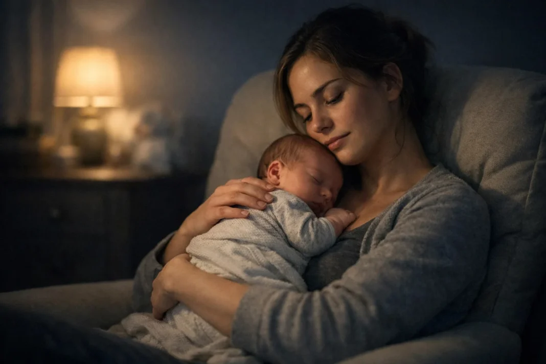 A tired mother sitting in a dark nursery at night, gently holding her newborn baby against her chest in soft warm light