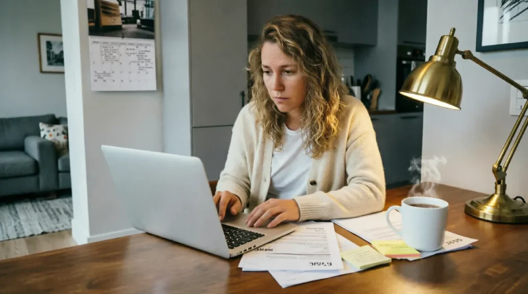 Tired woman working late at night on laptop at home desk with coffee, papers, and warm lamp lighting, representing busy entrepreneur starting business with no time