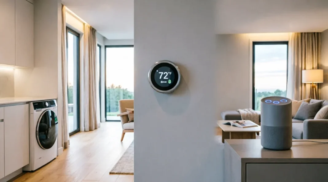 Modern American home interior featuring washing machine, smart thermostat displaying 72°F, and voice assistant speaker on table, showcasing connected home technology and affordable appliances in bright, contemporary living space
