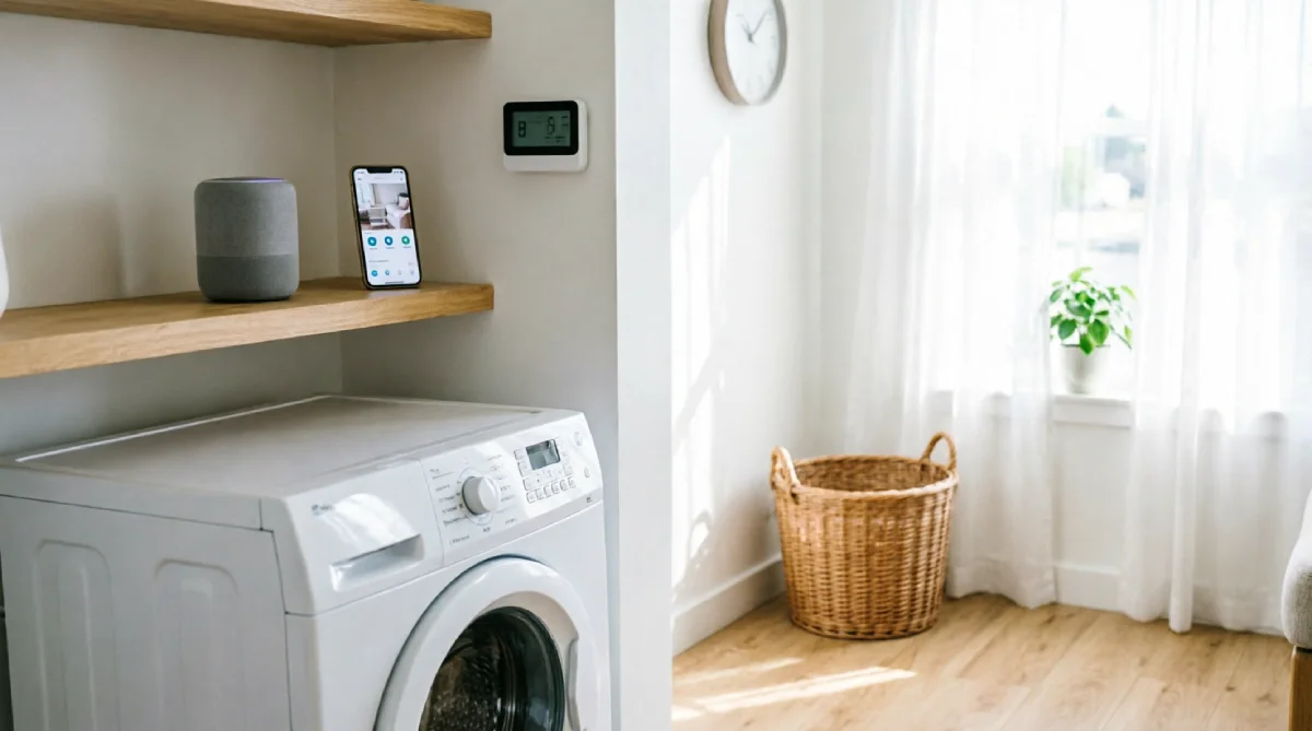 A modern, well-organized home interior showing affordable appliances alongside smart home devices like a voice assistant and connected thermostat