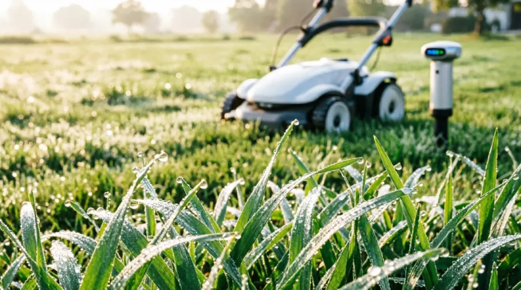Close-up of lush green grass blades with morning dew, featuring a robotic mower and smart irrigation in the background, representing sustainable grass benefits