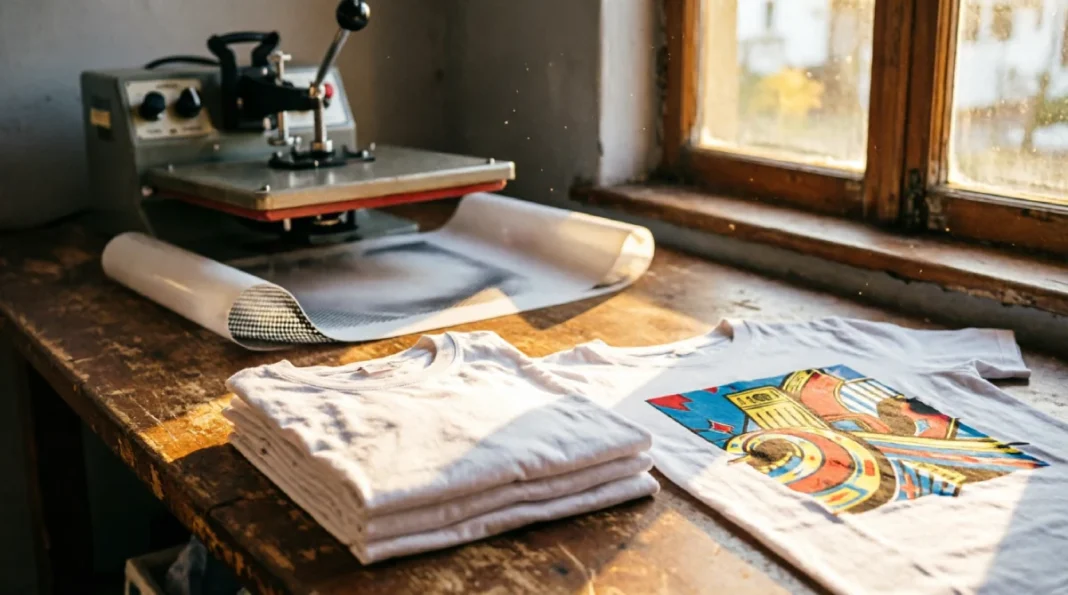 A warm, nostalgic workshop scene featuring a heat press, a roll of DTF transfer film, and a stack of freshly printed custom t-shirts on a rustic wooden workbench, illustrating wholesale DTF printing for small apparel brands.