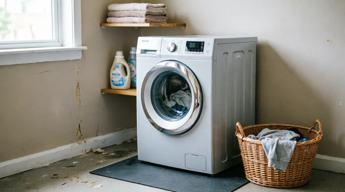 A compact, modern washing machine with a plastic body in a clean, functional laundry room with basic shelving and neutral tones