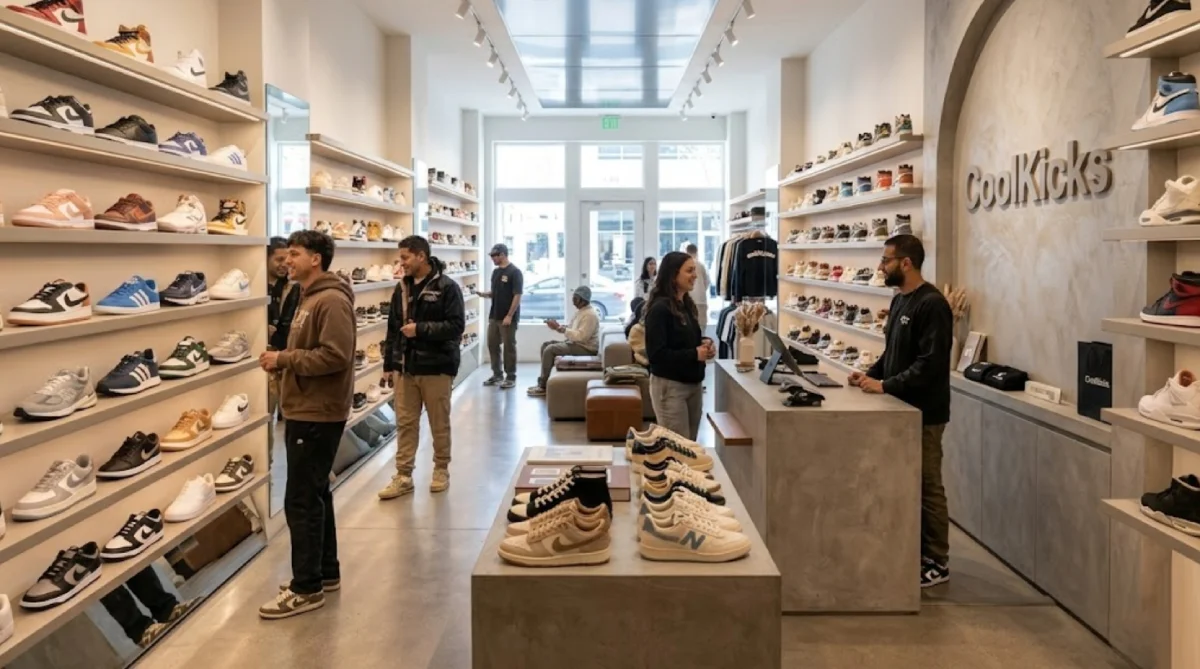 Inside a CoolKicks sneaker retail store showing rows of premium sneakers on display