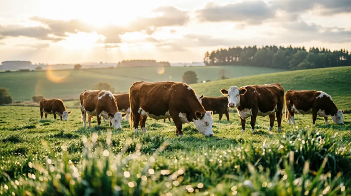Grass-fed cattle grazing peacefully on a green pasture, illustrating the nutritional and environmental benefits of grass-fed livestock farming