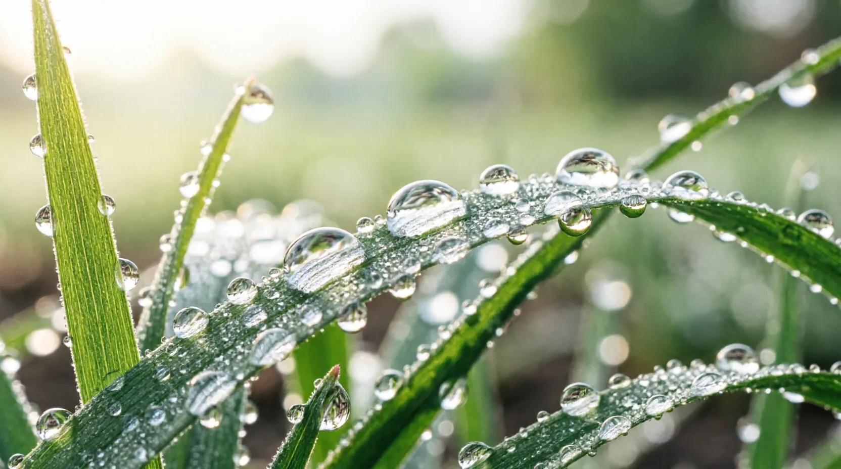 Close-up photo of vibrant green grass blades covered in morning dew, showing the natural health and freshness of a well-maintained lawn