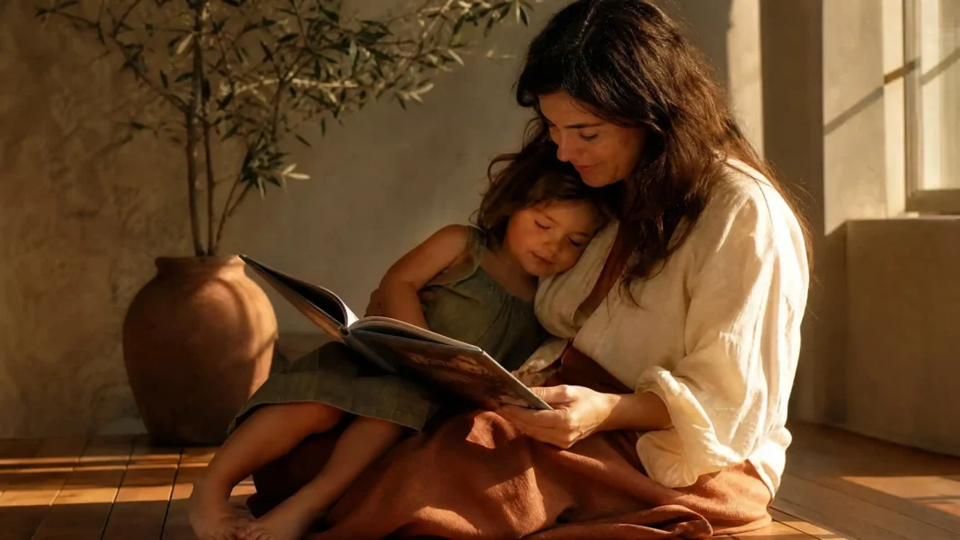 A parent and child sitting together in warm sunlight, sharing a quiet reading moment — representing inspiring parenting quotes for a happy life.
