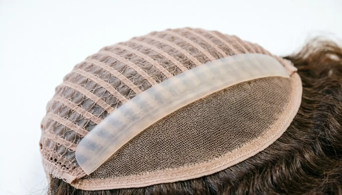 Inside view of Klaiyi no-slip wig cap showing the built-in silicone grip band — secure hold without glue
