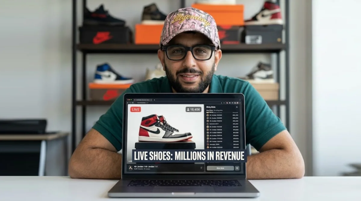 A live shopping stream showing sneakers being sold on the Whatnot platform