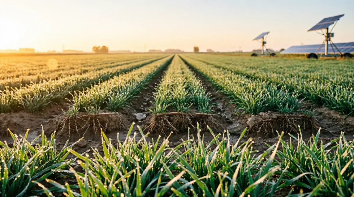 Rows of Lyposingrass growing in an open agricultural field, demonstrating its resilience and value as a sustainable forage crop